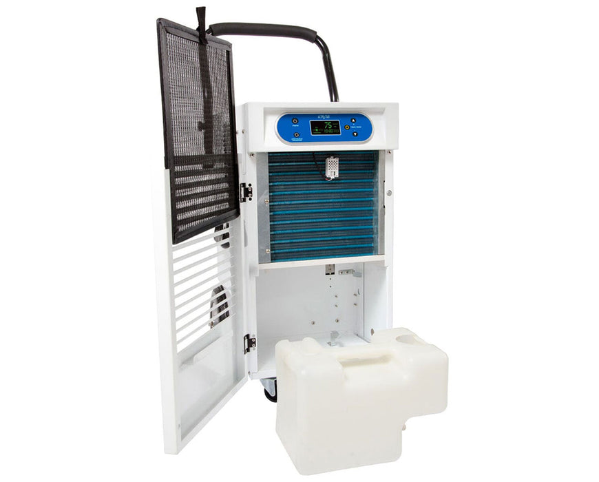 Open Hydrofarm Active Air 110-pint dehumidifier showing internal coils, a removed water collection tank, and digital controls.