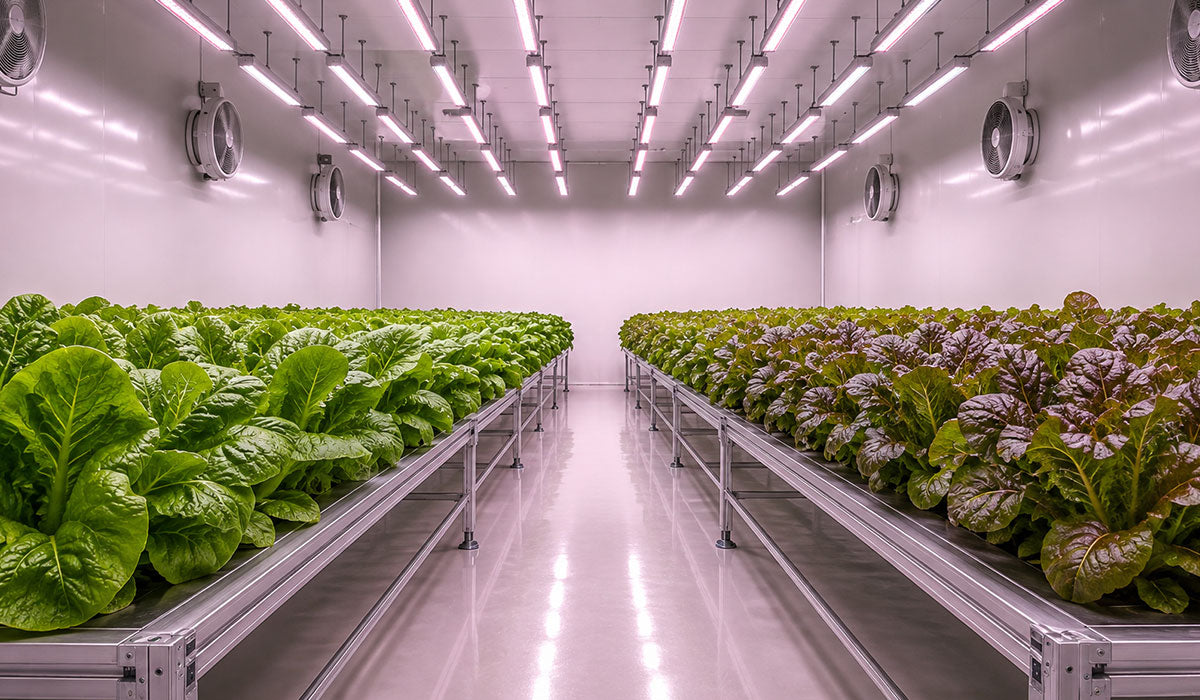 Modern indoor farming facility with rows of green and purple leafy plants. Equipped with ventilation fans, grow lights, and grow racks.