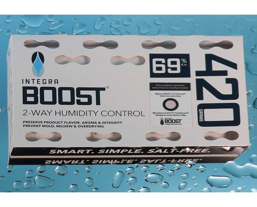 Integra BOOST 420g 69% RH pack on a water-drop background, showcasing humidity control packaging with indicator card.