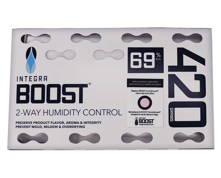 Integra BOOST 420g 69% RH 2-way humidity control pack with indicator card, designed to prevent mold and overdrying.