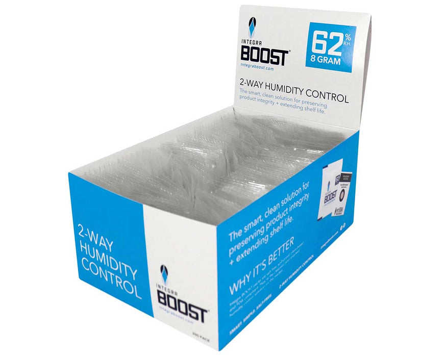  Integra BOOST 8g 62% RH bulk retail display box showing neatly stacked packs.