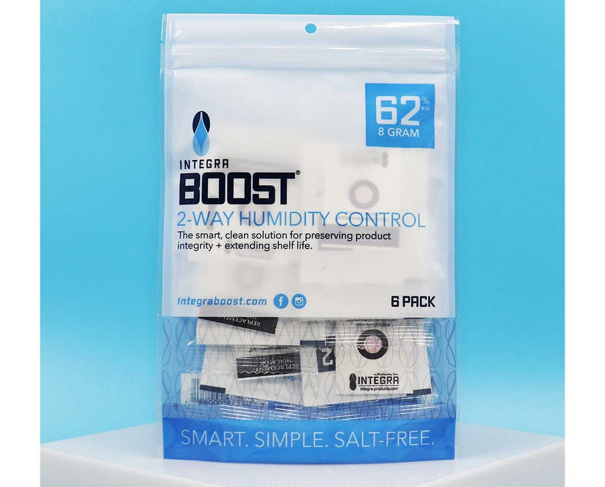 Integra BOOST 8g 62% RH 6-pack resealable pouch for moisture control in small containers.