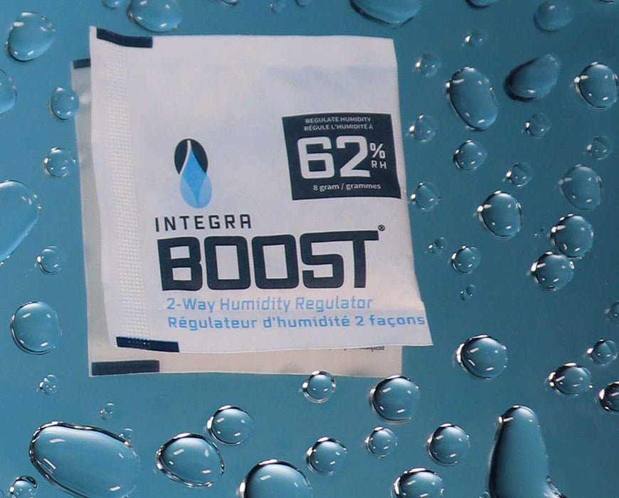 Integra BOOST 8g 62% RH on blue background with water droplets for moisture control visuals.