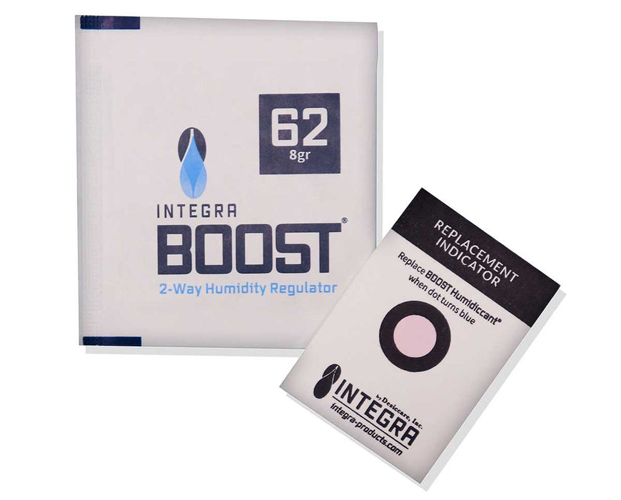 Integra BOOST 8g 62% RH humidity regulator with replacement indicator card for freshness.