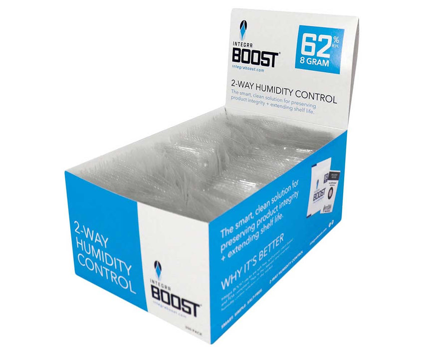 Integra BOOST 8g 62% RH retail display box with individually overwrapped packs for humidity control and shelf life extension.