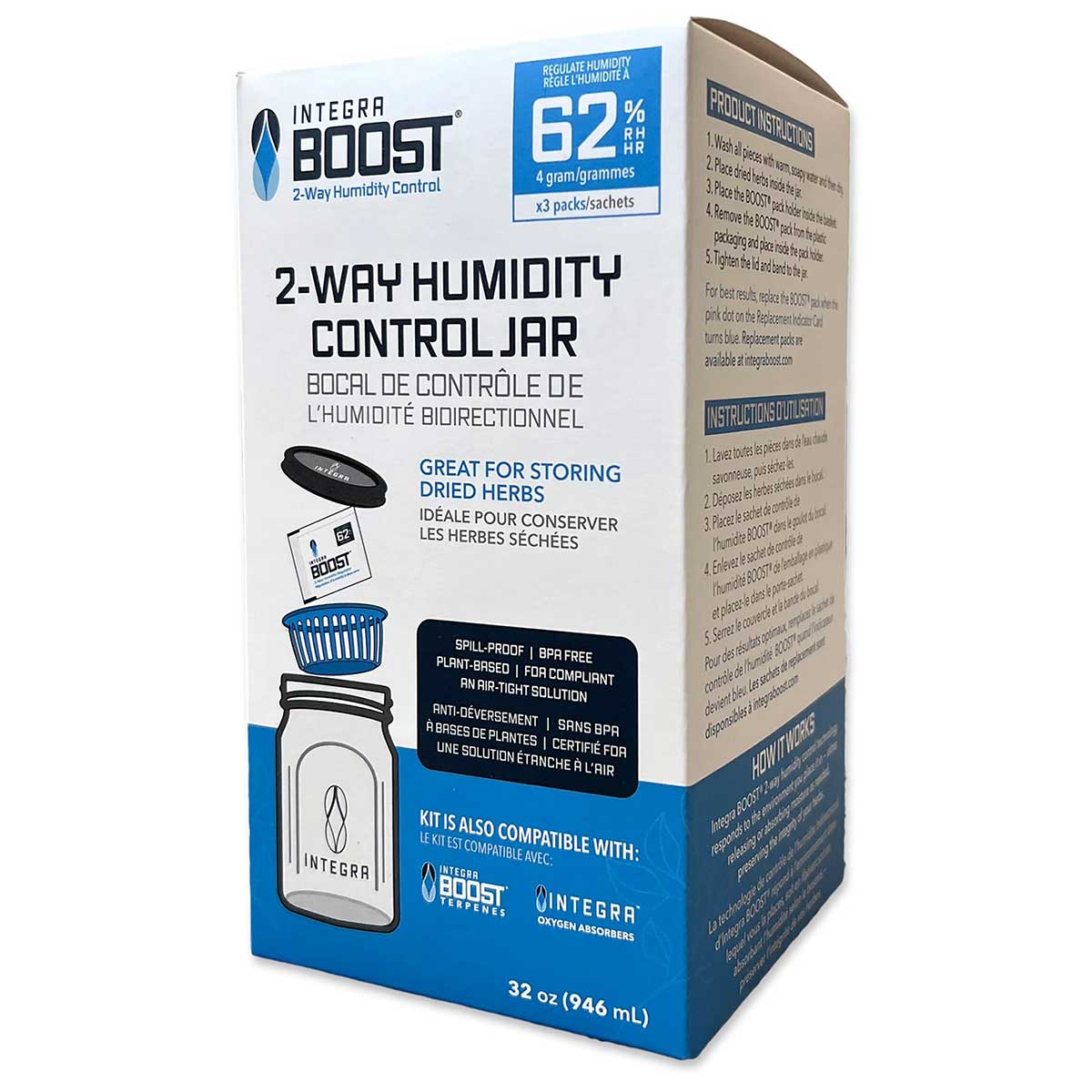 Integra 2-Way humidity jar kit including 62% humidity packs for airtight herb storage