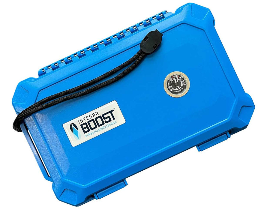 Blue Integra Boost travel cigar case with built-in hygrometer and handle loop for humidity control and portable storage.