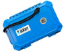 Blue Integra Boost travel cigar case with built-in hygrometer and handle loop for humidity control and portable storage.