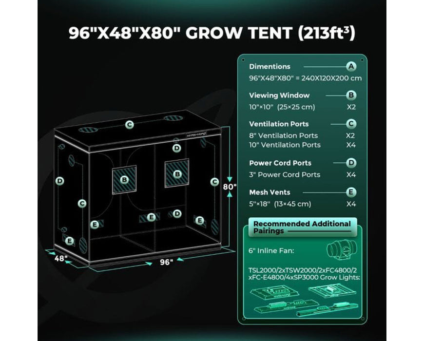 Mars Hydro 96x48x80 grow tent layout with labeled dimensions, ports, mesh vents, and recommended fan/light pairings.