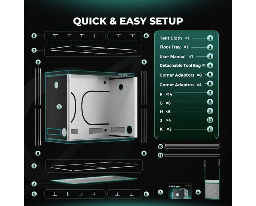 Quick setup guide for Mars Hydro 8x4 grow tent showing included components, poles, adaptors, and assembly layout.