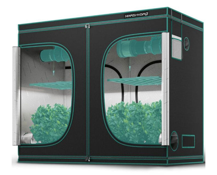 Mars Hydro 8x4 grow tent fully set up with plants, LED grow lights, and ventilation system for indoor cultivation.
