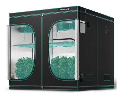 Mars Hydro 8x8 grow tent shown fully assembled with plants, grow lights, and inline fans for indoor cultivation.
