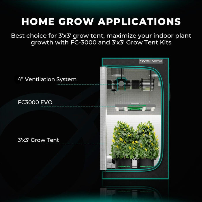 Mars Hydro FC-3000 EVO setup in a 3'x3' grow tent with a 4” ventilation system and flourishing plants.