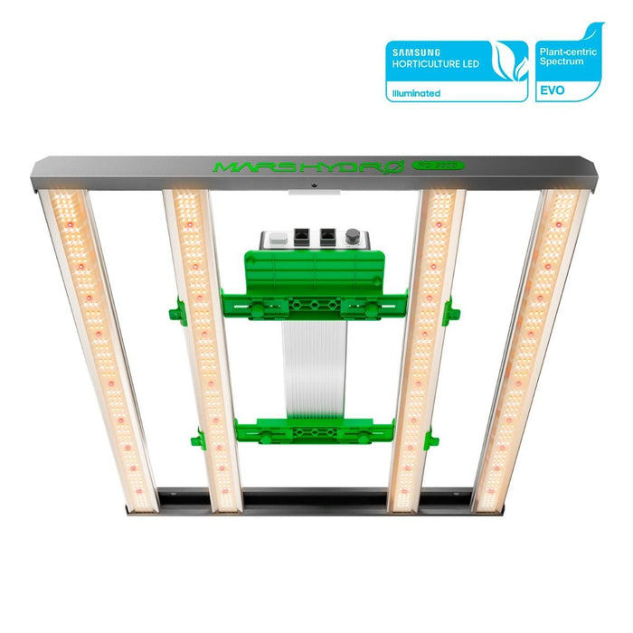 Overhead view of the Mars Hydro FC-3000 EVO LED grow light with Samsung horticulture LEDs and a green central driver.