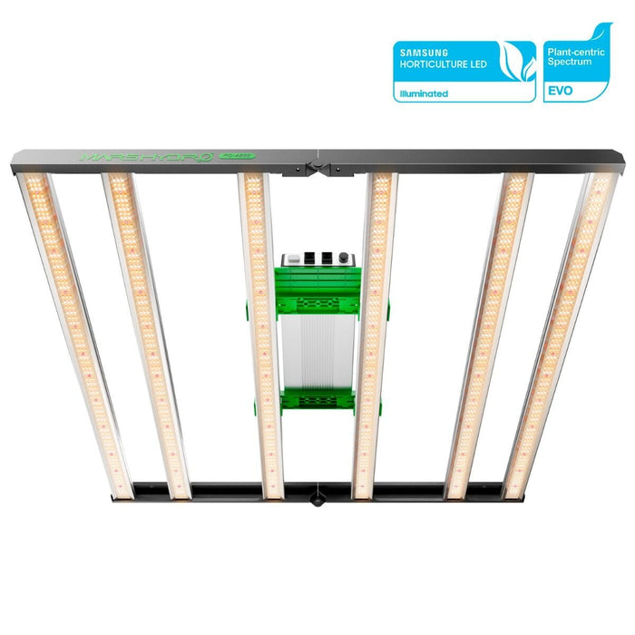 Mars Hydro FC 4800 EVO grow light with Samsung horticulture LED bars and green central driver, viewed from below.