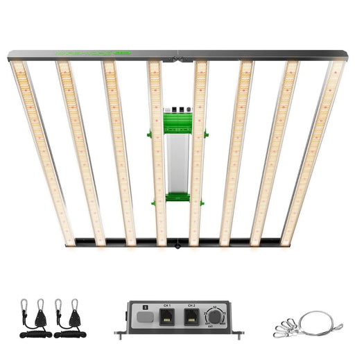 Mars Hydro FC-E1000W LED grow light fixture shown from above with its eight light bars illuminated; accessories including hangers, dimmer controller, and wire cables displayed below.