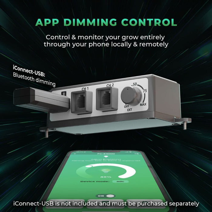 Close-up of the Bluetooth-enabled dimming control panel for the FC-E3000, highlighting app dimming control via iConnect-USB and smartphone.