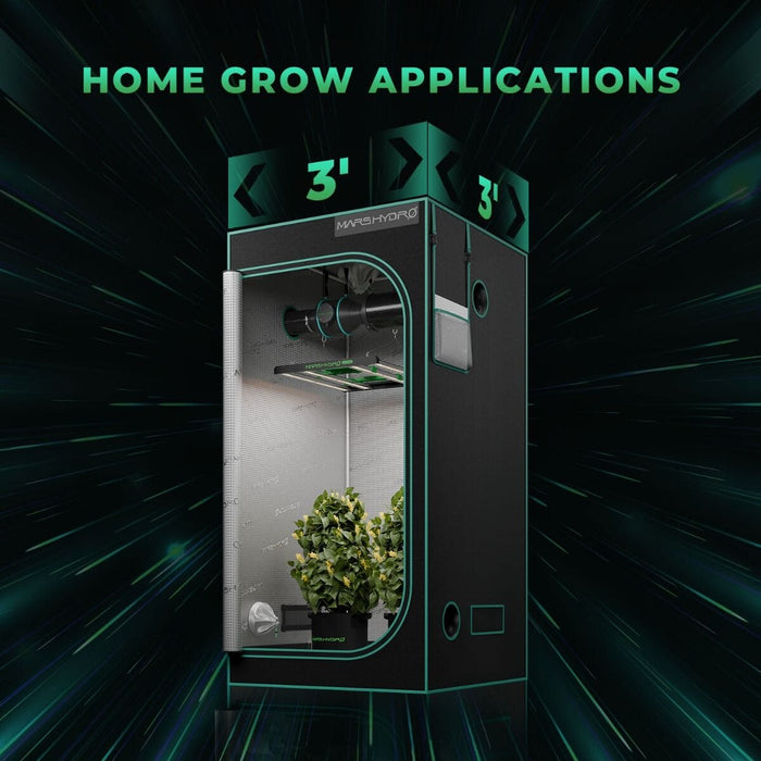 Depiction of a 3' x 3' grow tent setup with the Mars Hydro FC-E3000 installed overhead and two healthy cannabis plants growing inside.