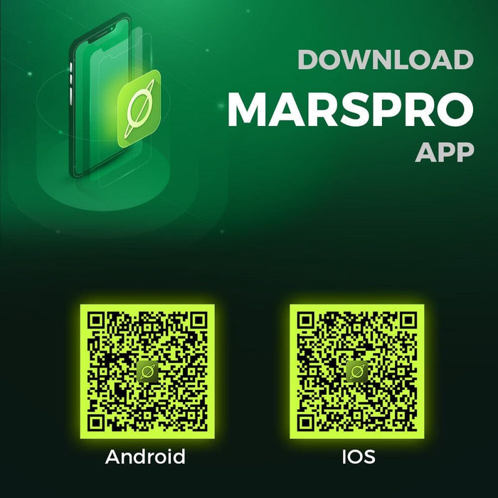 Mars Hydro MarsPro app download graphic showing QR codes for Android and iOS versions of the app.