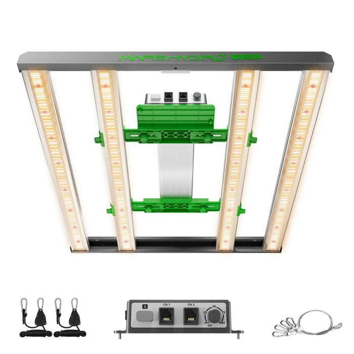 Overhead view of the Mars Hydro FC-E3000 LED grow light with 4 LED light bars, central green heatsink unit, and included hanging accessories and control panel.