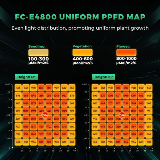 Color-coded PPFD distribution chart for seedling, veg, and flower stages at 12” and 16” hanging heights with µmol/m²/s intensity values.