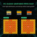 Color-coded PPFD distribution chart for seedling, veg, and flower stages at 12” and 16” hanging heights with µmol/m²/s intensity values.