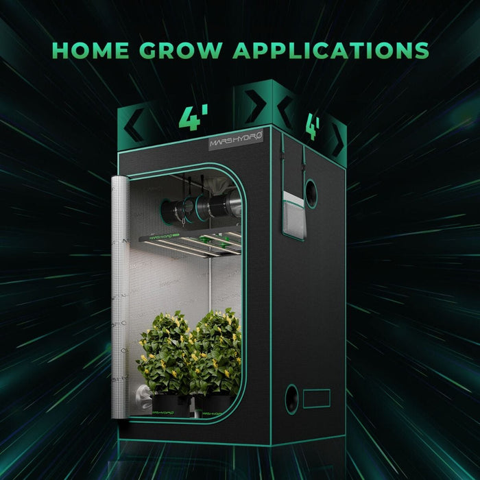 Fully assembled grow tent with FC-E4800 light installed and plants growing inside, demonstrating home grow application.