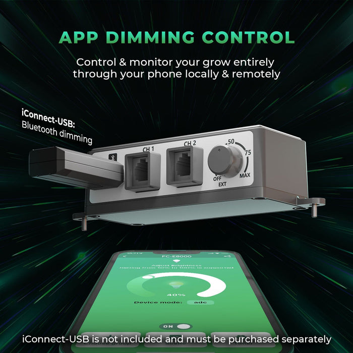 App dimming control feature illustration, highlighting the Bluetooth-enabled iConnect-USB for remote/local control through a smartphone app; note that the USB dongle is sold separately.