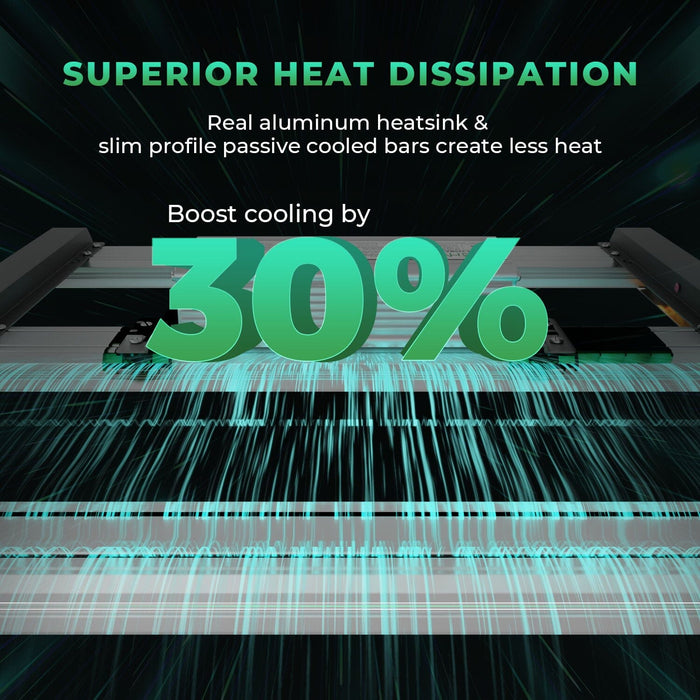 Superior heat dissipation system visual showing passive-cooled aluminum heat sinks and airflow animation, with a 30% cooling efficiency improvement claim.
