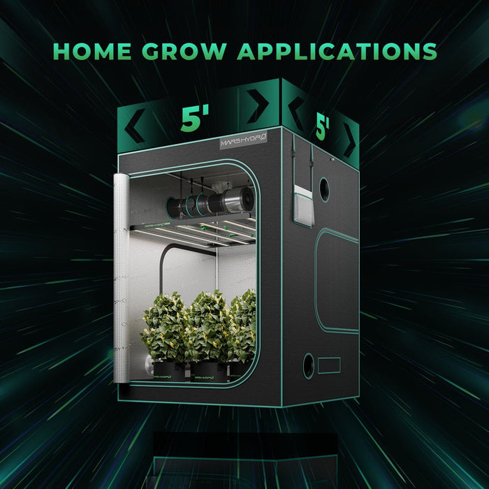 Mars Hydro FC-E8000 installed in a 5x5 grow tent, illustrating a home grow application with four mature cannabis plants and full overhead light coverage.