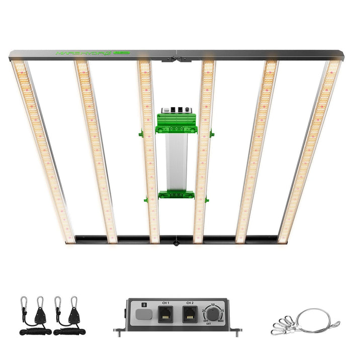 Mars Hydro FC-E8000 LED Grow Light shown from the bottom angle, displaying the full light bar array with a central green-and-silver driver unit, plus included accessories like hanging hardware, power cable, and dimming controller.