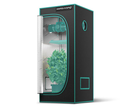 Mars Hydro 2.3x2.3 grow tent with inline fan and LED setup inside a compact indoor environment.