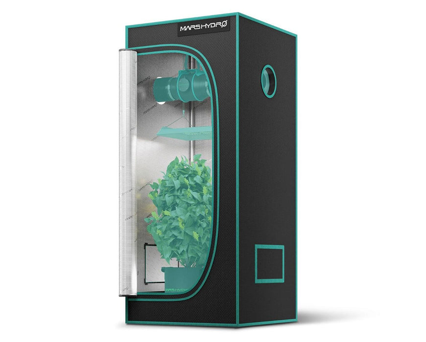 Mars Hydro 2.3x2.3 grow tent with inline fan and LED setup inside a compact indoor environment.