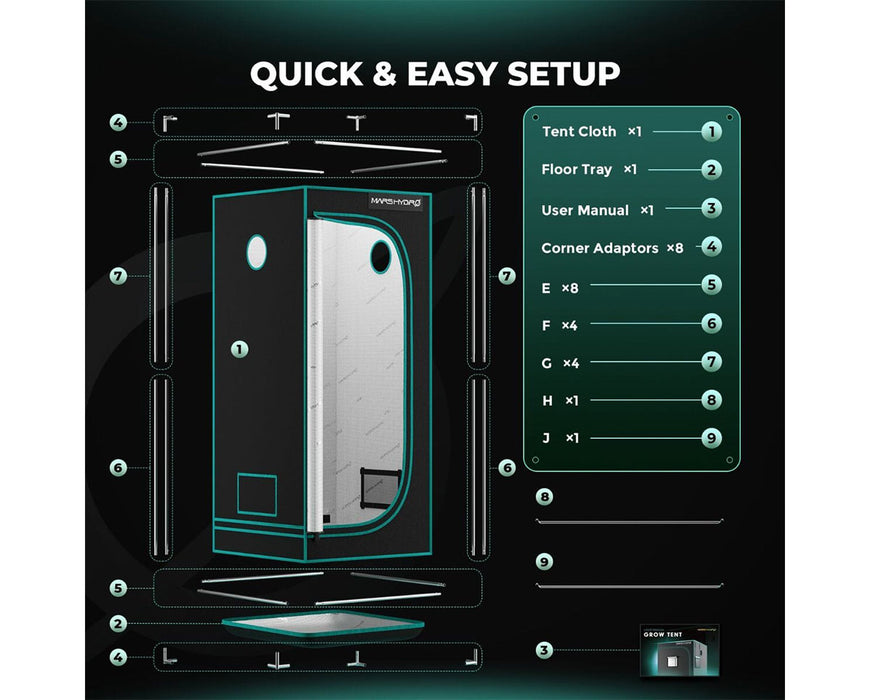 Mars Hydro grow tent parts layout with labeled components for easy assembly and setup.