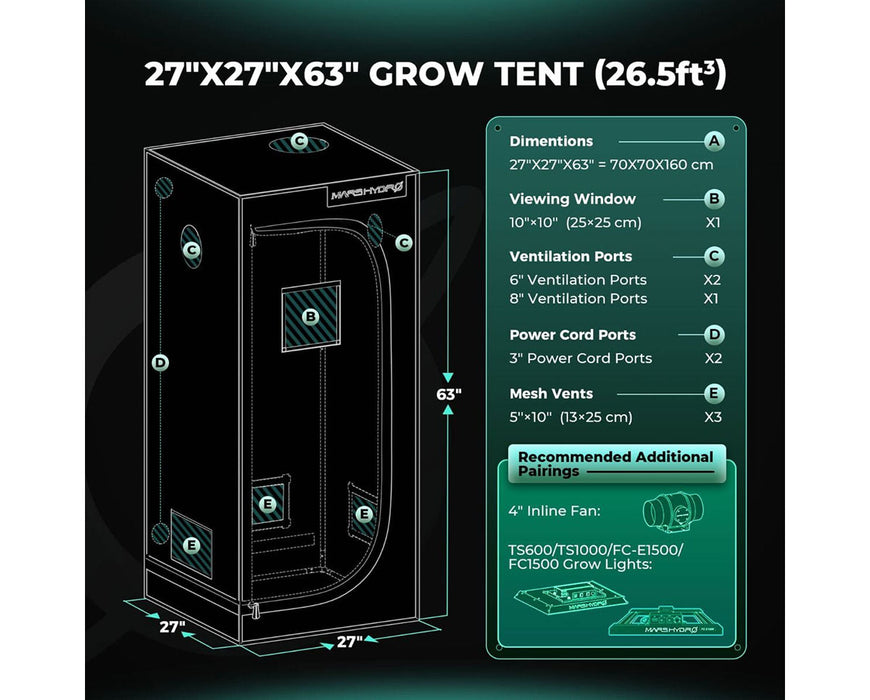 Tent diagram with labeled dimensions, ports, mesh vents, and recommended grow light pairings.
