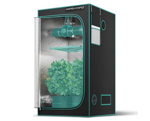 Mars Hydro grow tent with FC3000 grow light and ventilation system installed