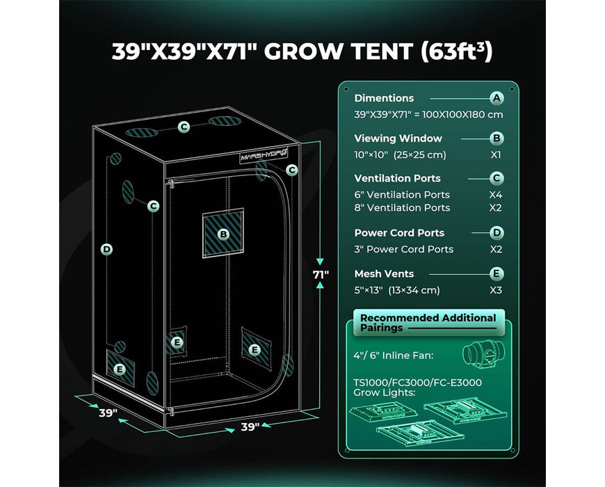 Diagram of Mars Hydro 3.3'x3.3'x6' grow tent with labeled ports and dimensions