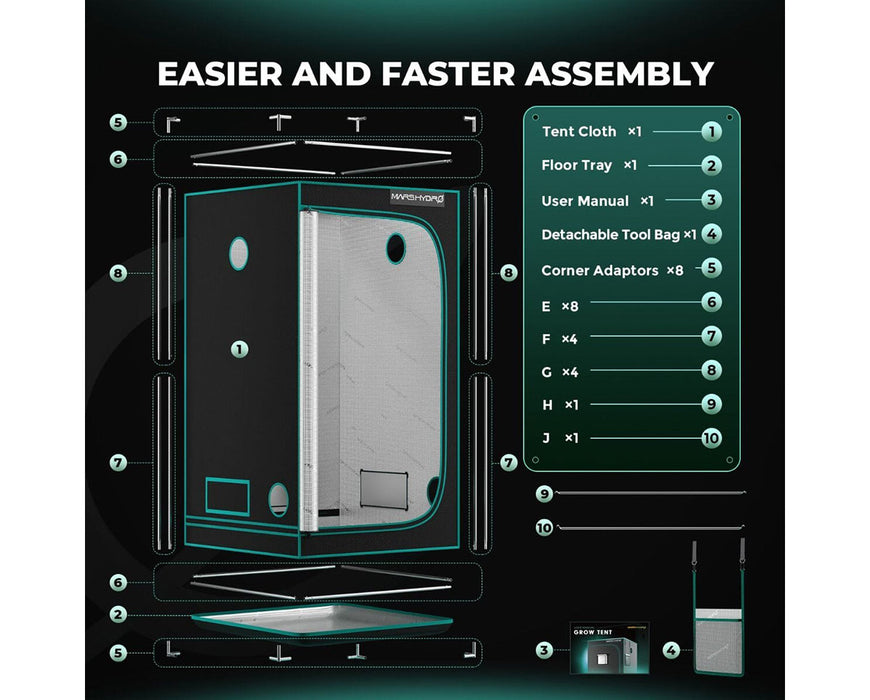 Mars Hydro grow tent assembly guide showing parts list and installation steps