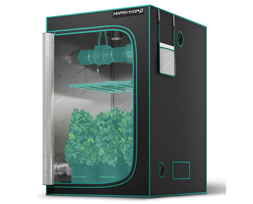 Angled front view of Mars Hydro 4x4 grow tent with ventilation setup, LED grow light, and healthy plants inside.