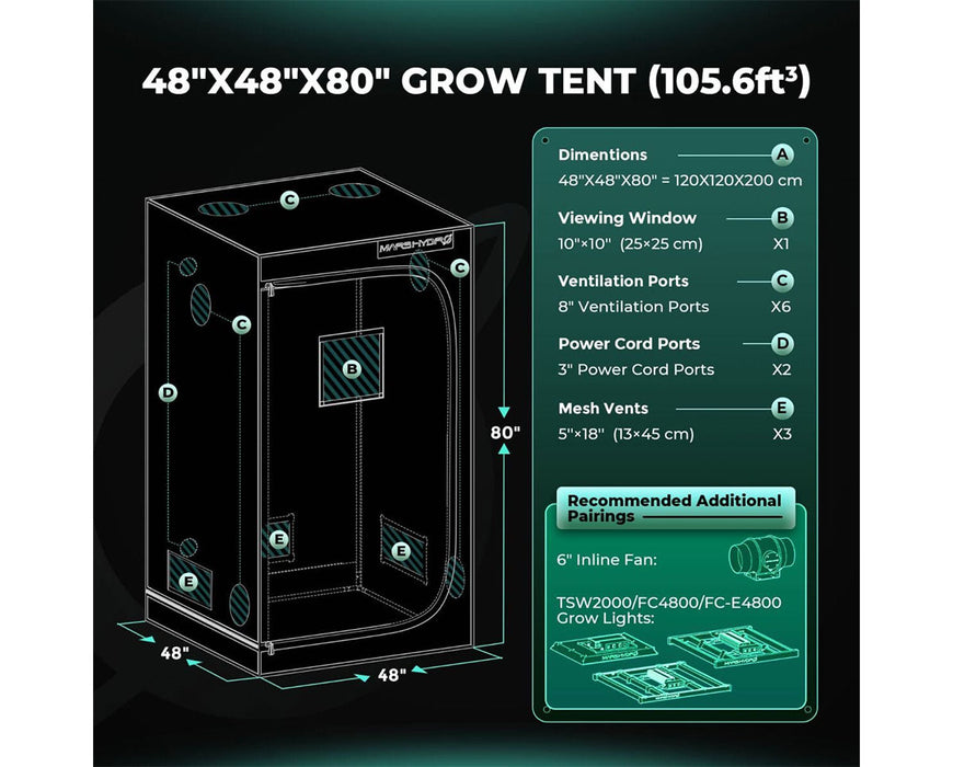 Grow tent size diagram showing 48x48x80 inches dimensions, ventilation and cord port locations, and recommended equipment pairings.
