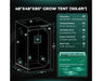 Grow tent size diagram showing 48x48x80 inches dimensions, ventilation and cord port locations, and recommended equipment pairings.