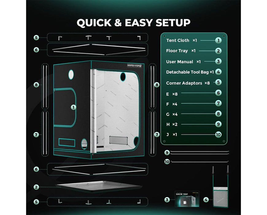 Unboxing and setup layout of the 5x5 Mars Hydro tent showing included parts.