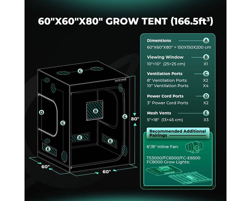 Mars Hydro 5x5 grow tent schematic with port sizes, dimensions, and airflow planning.