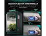High reflective Mylar interior of Mars Hydro grow tent shown with light gauge comparison.