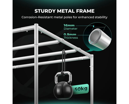 Sturdy 16mm metal poles with 50kg weight capacity highlighted in Mars Hydro frame diagram.
