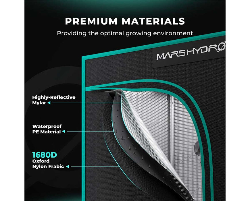 Cross-section of premium Mars Hydro materials including 1680D Oxford fabric and reflective PE layer.