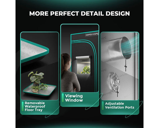 Close-up views of removable waterproof tray, observation window, and vent ports in Mars Hydro tent.