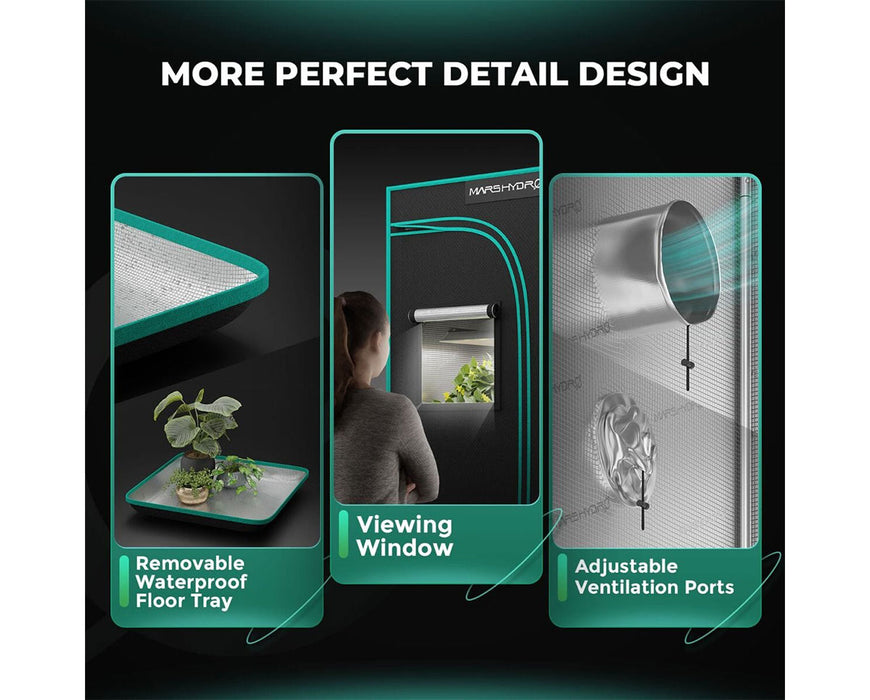 Close-up views of removable waterproof tray, observation window, and vent ports in Mars Hydro tent.