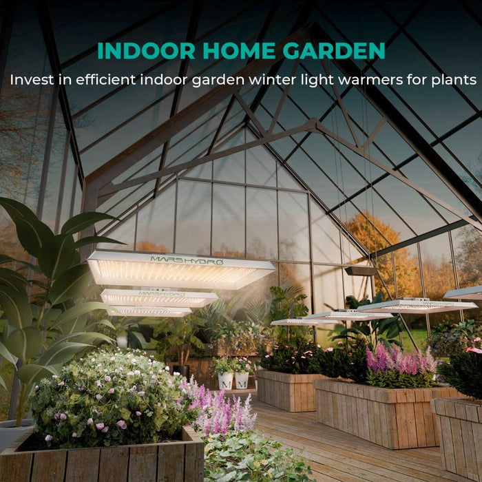 Mars Hydro TS 3000 lights used in an indoor home garden setup with lush plant beds.