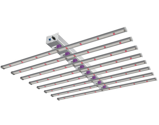 Bottom-side view of the fully illuminated EZ-8 grow light showing red and white LED diodes in all 8 bars.
